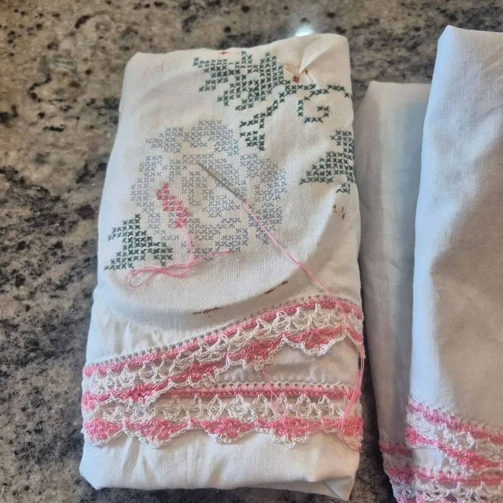 Pillowcases (2), White Cotton, Vintage Pink Variegated Crochet Cross Stitch Star